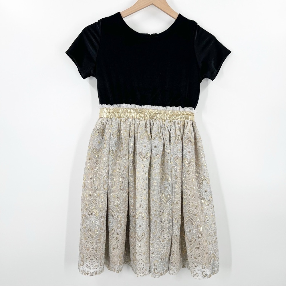 Chasing Fireflies Black Velvet Gold Sequins Lace Party Dress